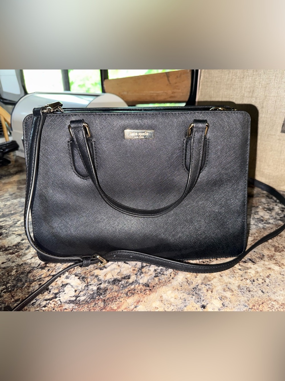 Kate Spade New York Black Saffiano Leather Satchel Crossbody Bag Gold Hardware